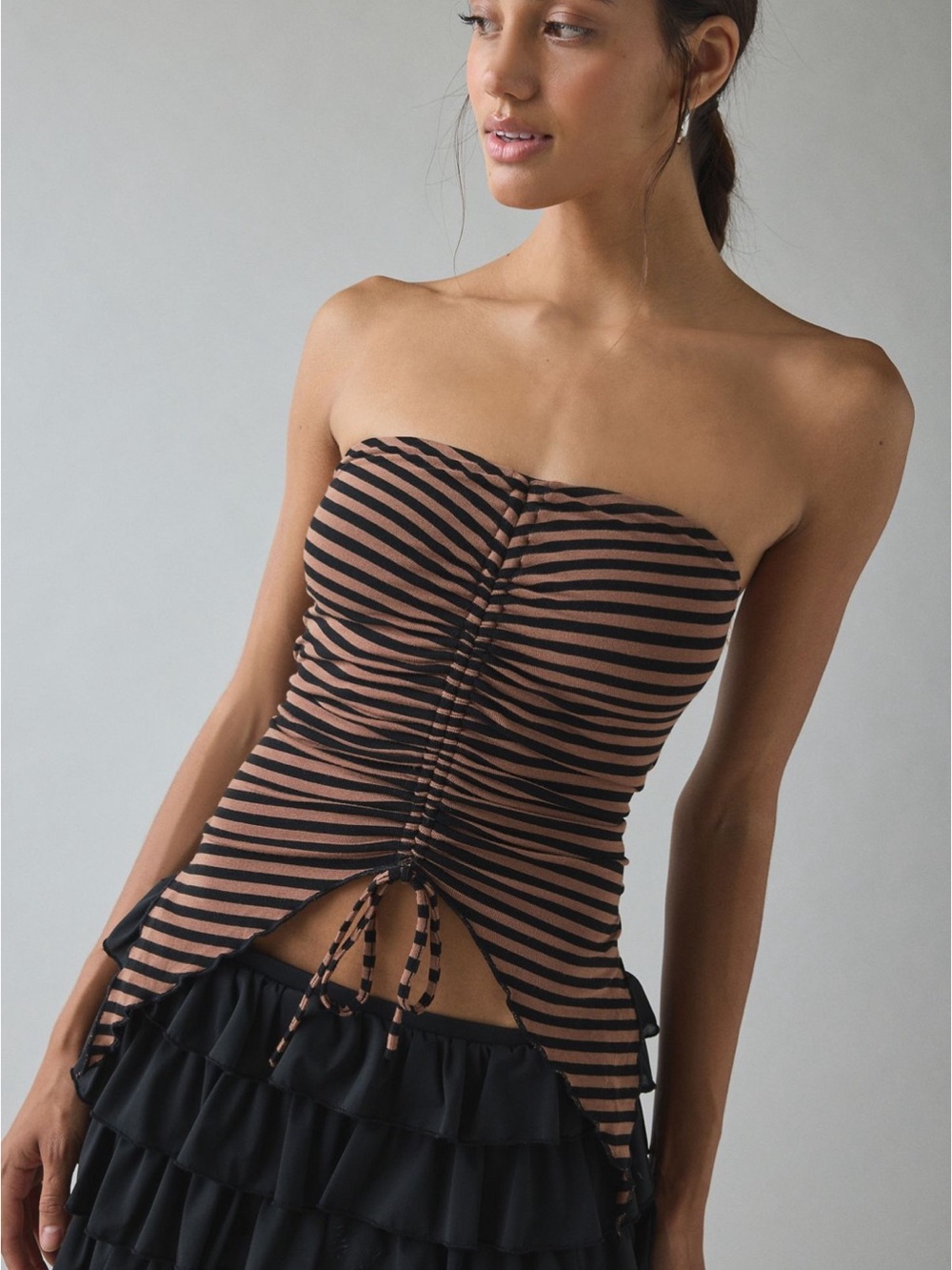 Urban outfitters Y2K Striped Strapless Ruched Drawstring Top in Brown and Black